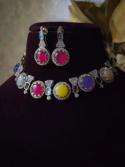 Mehandi finish circular multicoloured stones classy set