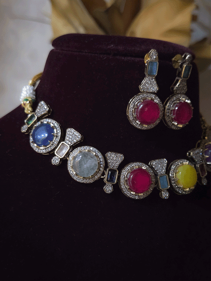 Mehandi finish circular multicoloured stones classy set
