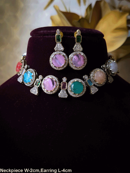 Mehandi finish circular multicoloured stones classy set