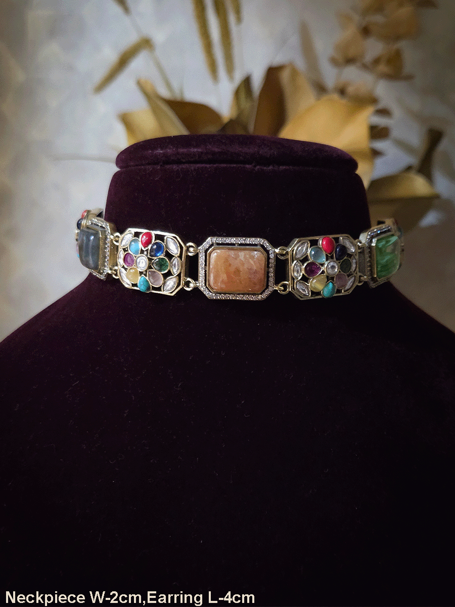Rectangular stone and rectangular multistone tukdies set in mehandi finish