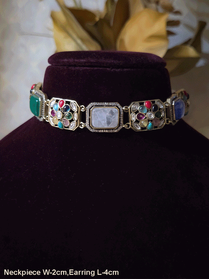 Rectangular stone and rectangular multistone tukdies set in mehandi finish