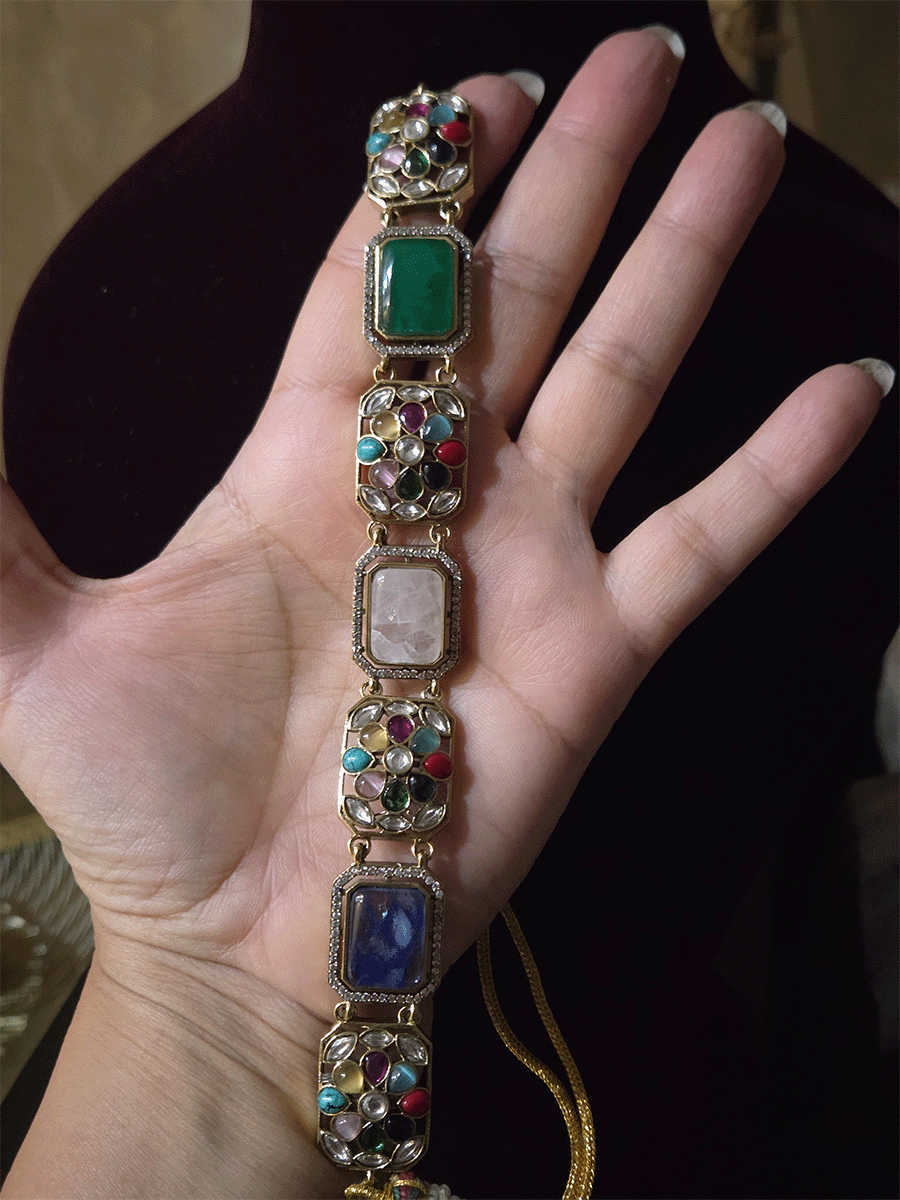 Rectangular stone and rectangular multistone tukdies set in mehandi finish