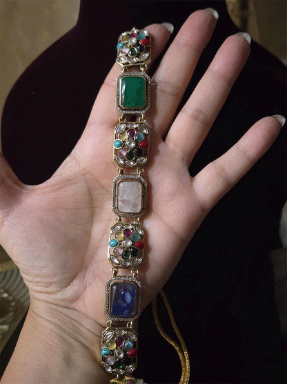 Rectangular stone and rectangular multistone tukdies set in mehandi finish