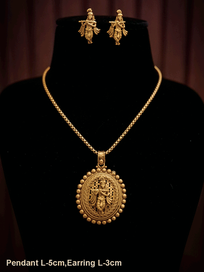 Oval gold bead lace pendant with Krishna ji motif set
