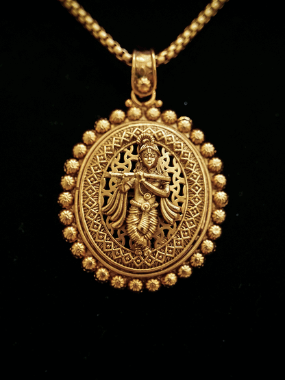 Oval gold bead lace pendant with Krishna ji motif set
