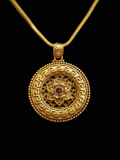 Self design circular pendant set with flower in the center