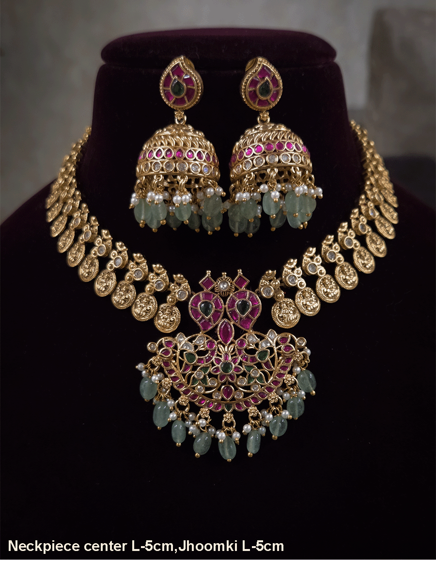 Laxmiji coin side string with ruby green paachi kundan aqua drops pendant set