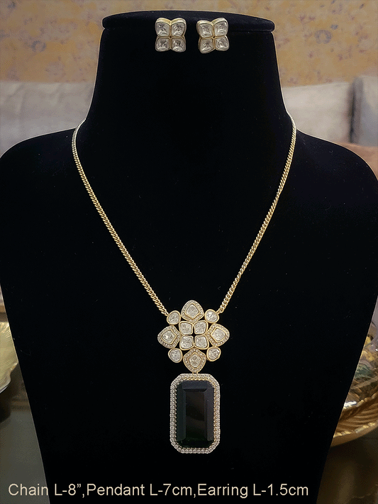 8" long chain uncut polki pendant set with rectangular coloured stone