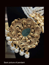 Load image into Gallery viewer, Five pearl strings kundan and AD studded set with tear drop shaped stone in the center