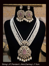 Load image into Gallery viewer, Five pearl strings kundan and AD studded set with tear drop shaped stone in the center