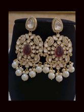 Load image into Gallery viewer, Five pearl strings kundan and AD studded set with tear drop shaped stone in the center