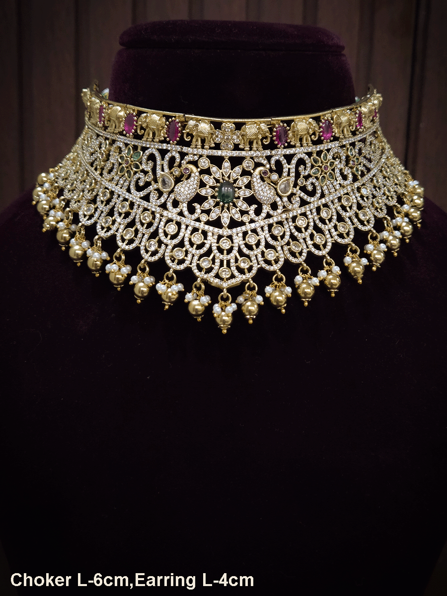 Zircon studded peacock and elephant motif's broad choker set with coloured drops