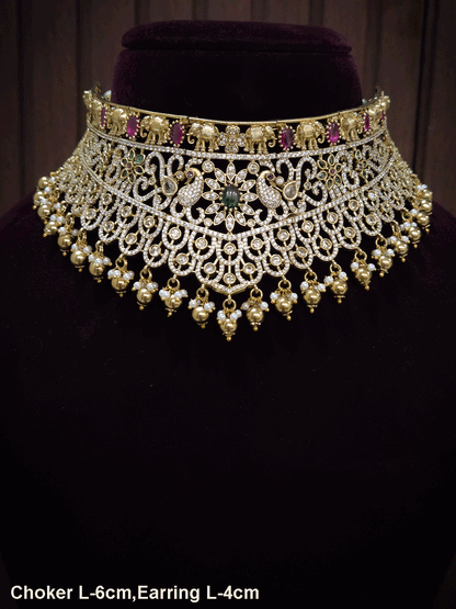 Zircon studded peacock and elephant motif's broad choker set with coloured drops