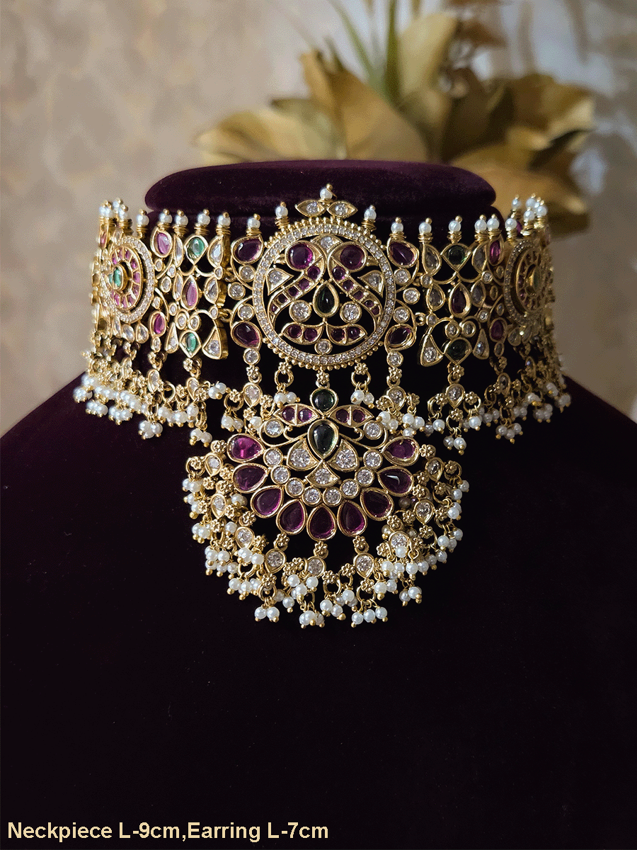 Ruby,green stones and polki studded pearly hangings choker with half ruby stones flower tukdi hanging