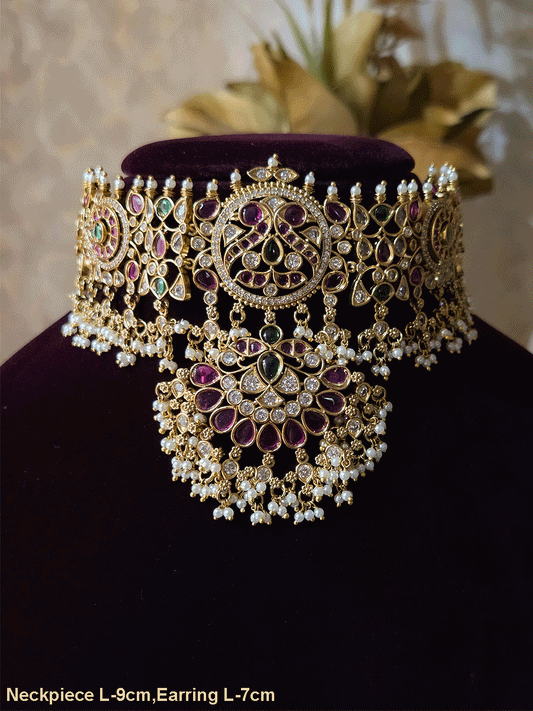 Ruby,green stones and polki studded pearly hangings choker with half ruby stones flower tukdi hanging