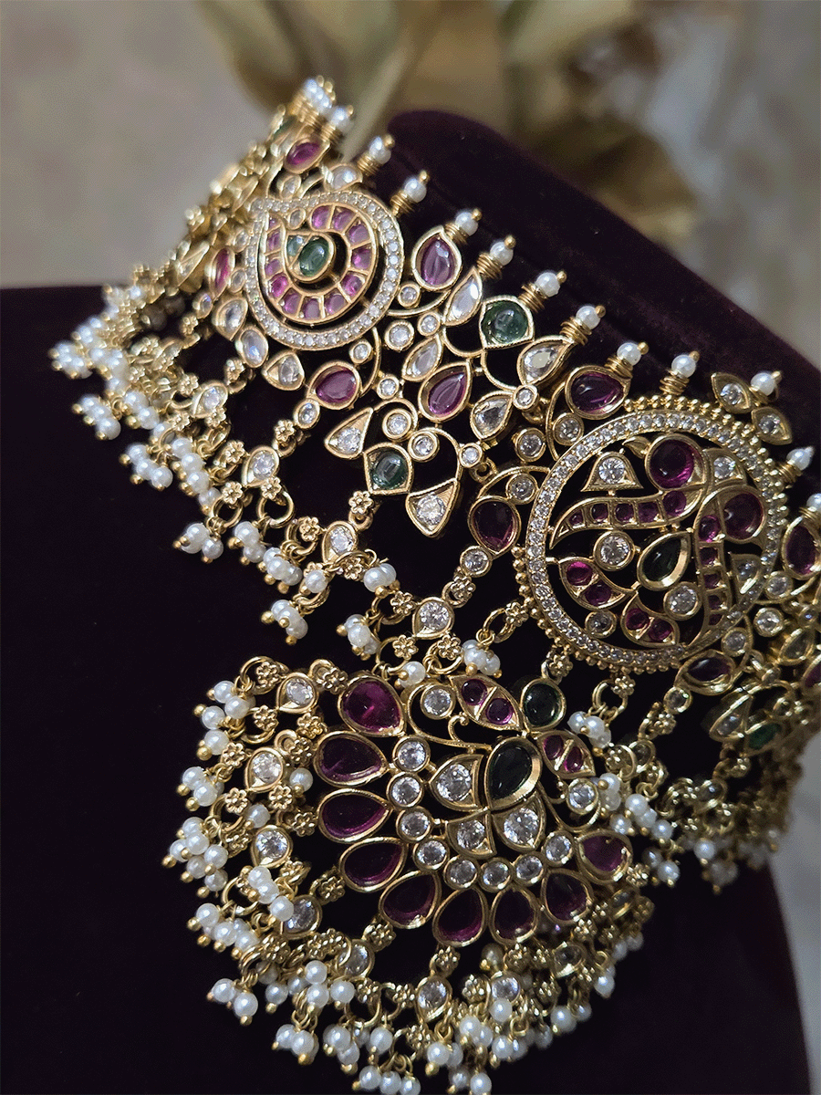 Ruby,green stones and polki studded pearly hangings choker with half ruby stones flower tukdi hanging