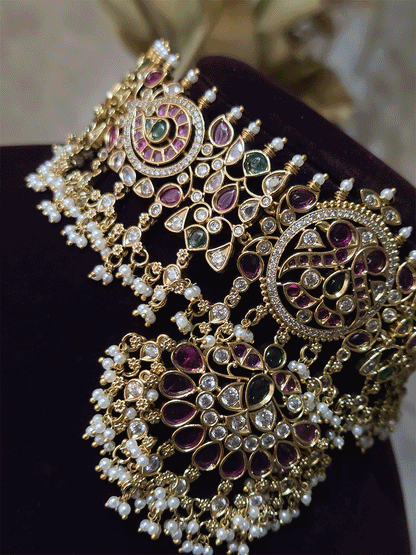Ruby,green stones and polki studded pearly hangings choker with half ruby stones flower tukdi hanging