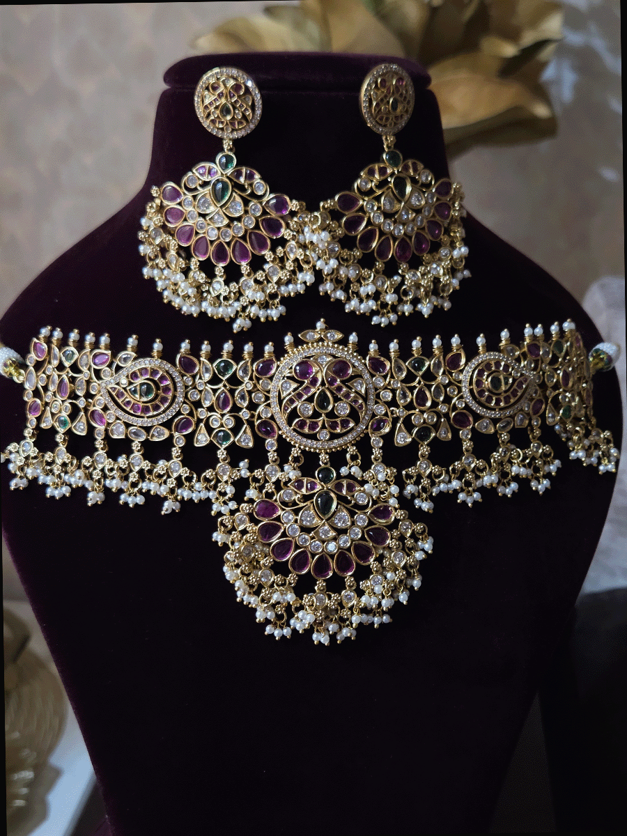 Ruby,green stones and polki studded pearly hangings choker with half ruby stones flower tukdi hanging