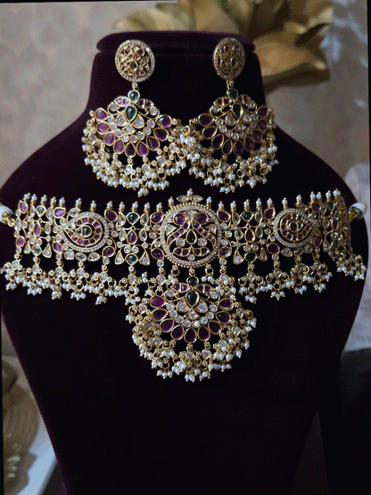 Ruby,green stones and polki studded pearly hangings choker with half ruby stones flower tukdi hanging
