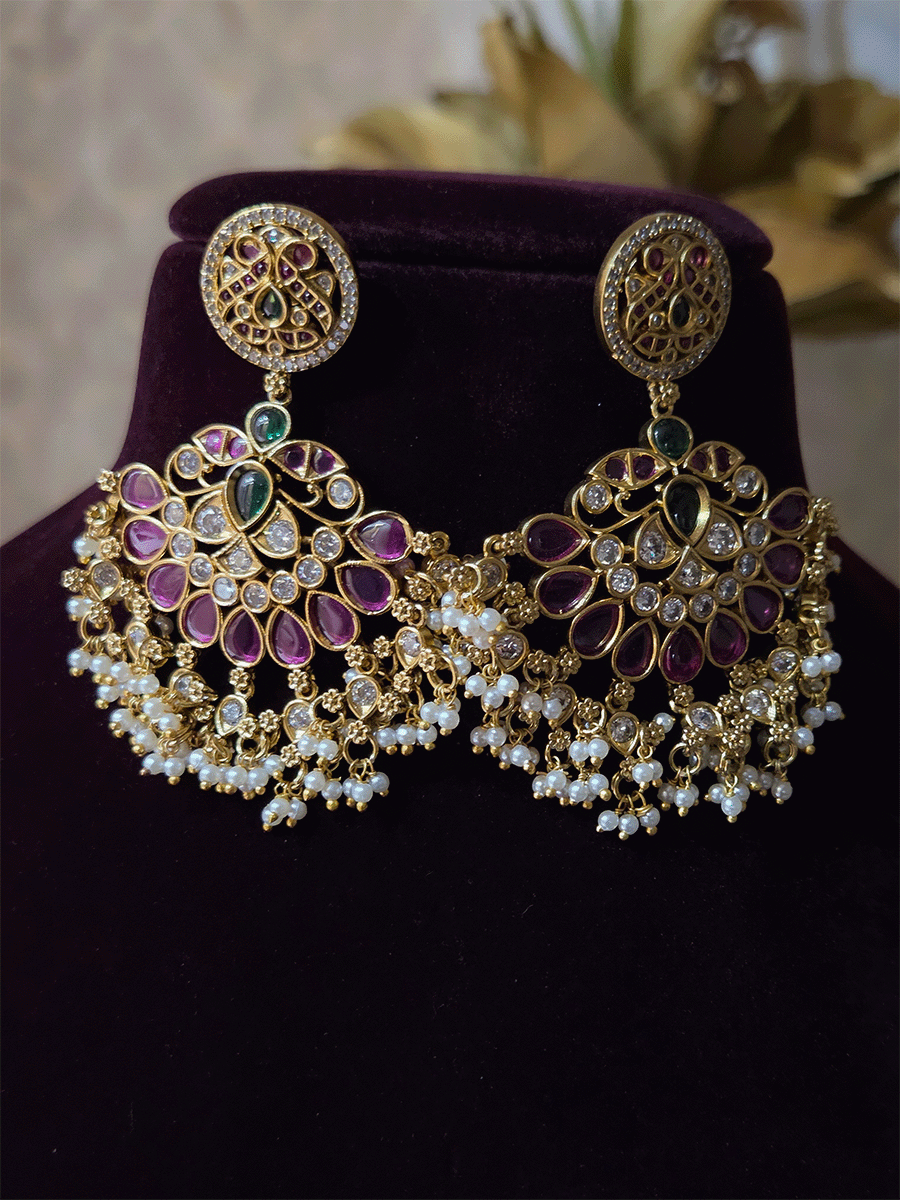 Ruby,green stones and polki studded pearly hangings choker with half ruby stones flower tukdi hanging
