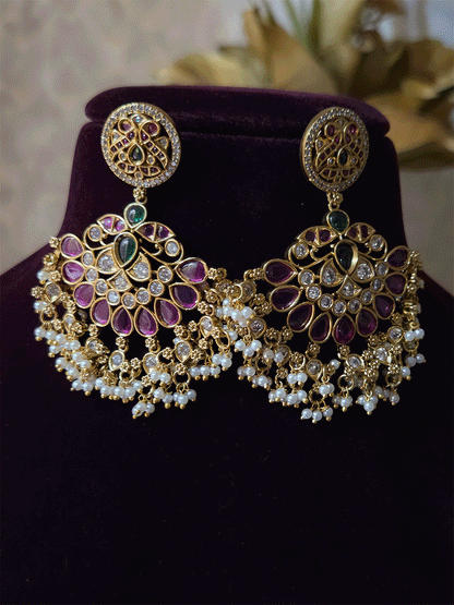 Ruby,green stones and polki studded pearly hangings choker with half ruby stones flower tukdi hanging