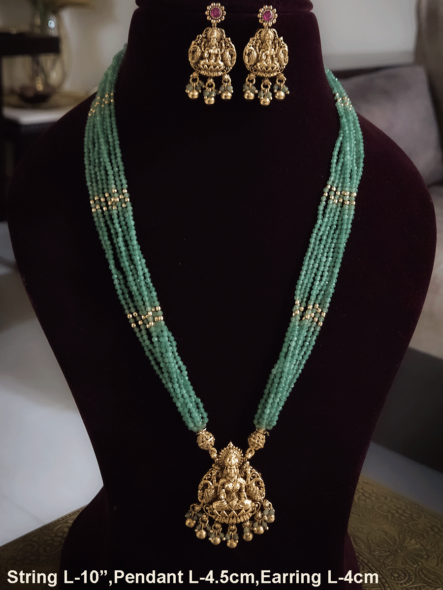 10 inch long aqua bead strings reversible pendant set (Laxmiji on one side and ruby stones design on other)