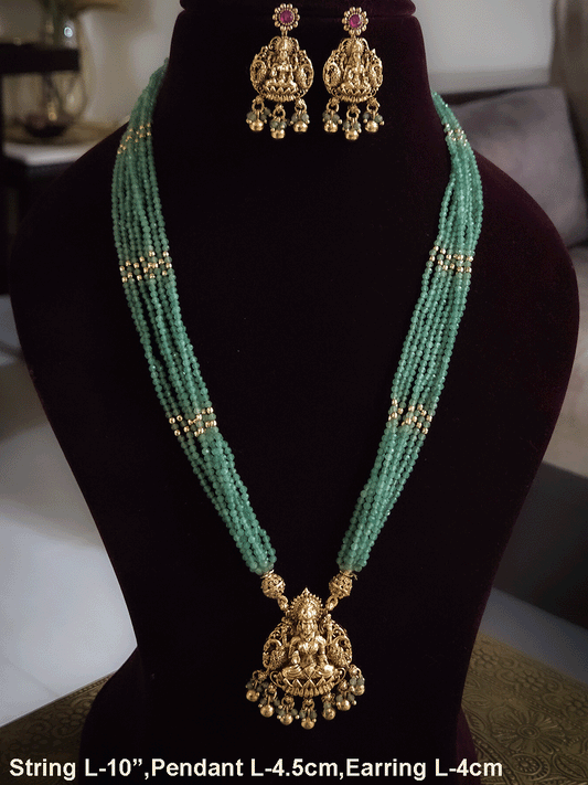 10 inch long aqua bead strings reversible pendant set (Laxmiji on one side and ruby stones design on other)