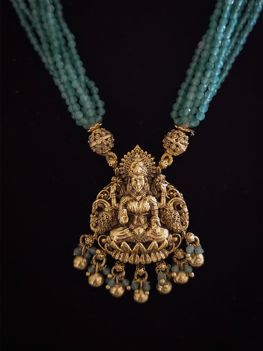 10 inch long aqua bead strings reversible pendant set (Laxmiji on one side and ruby stones design on other)