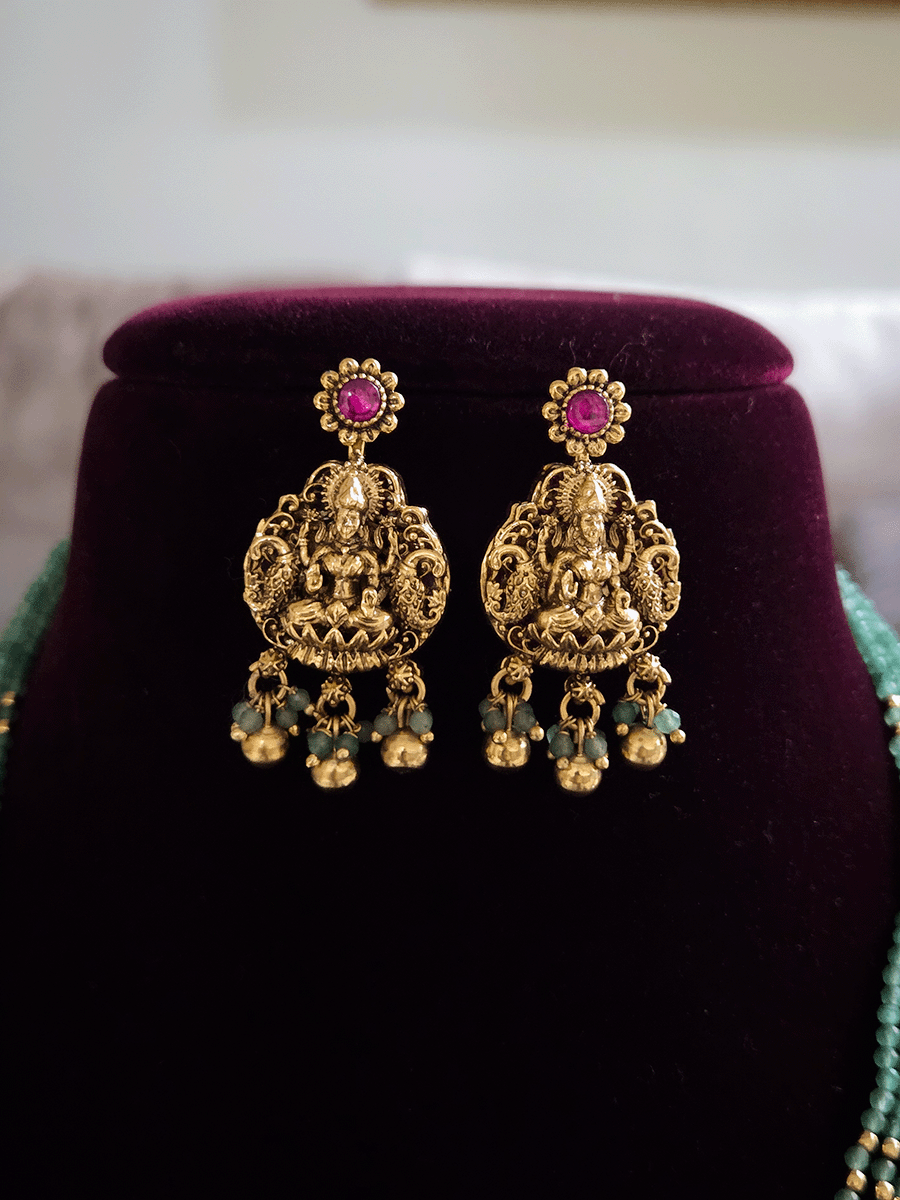 10 inch long aqua bead strings reversible pendant set (Laxmiji on one side and ruby stones design on other)