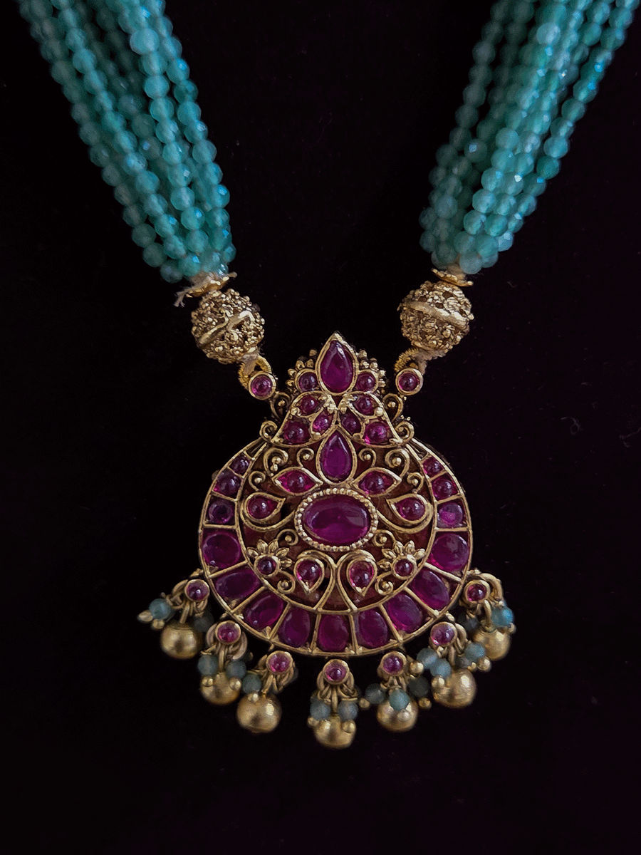 10 inch long aqua bead strings reversible pendant set (Laxmiji on one side and ruby stones design on other)
