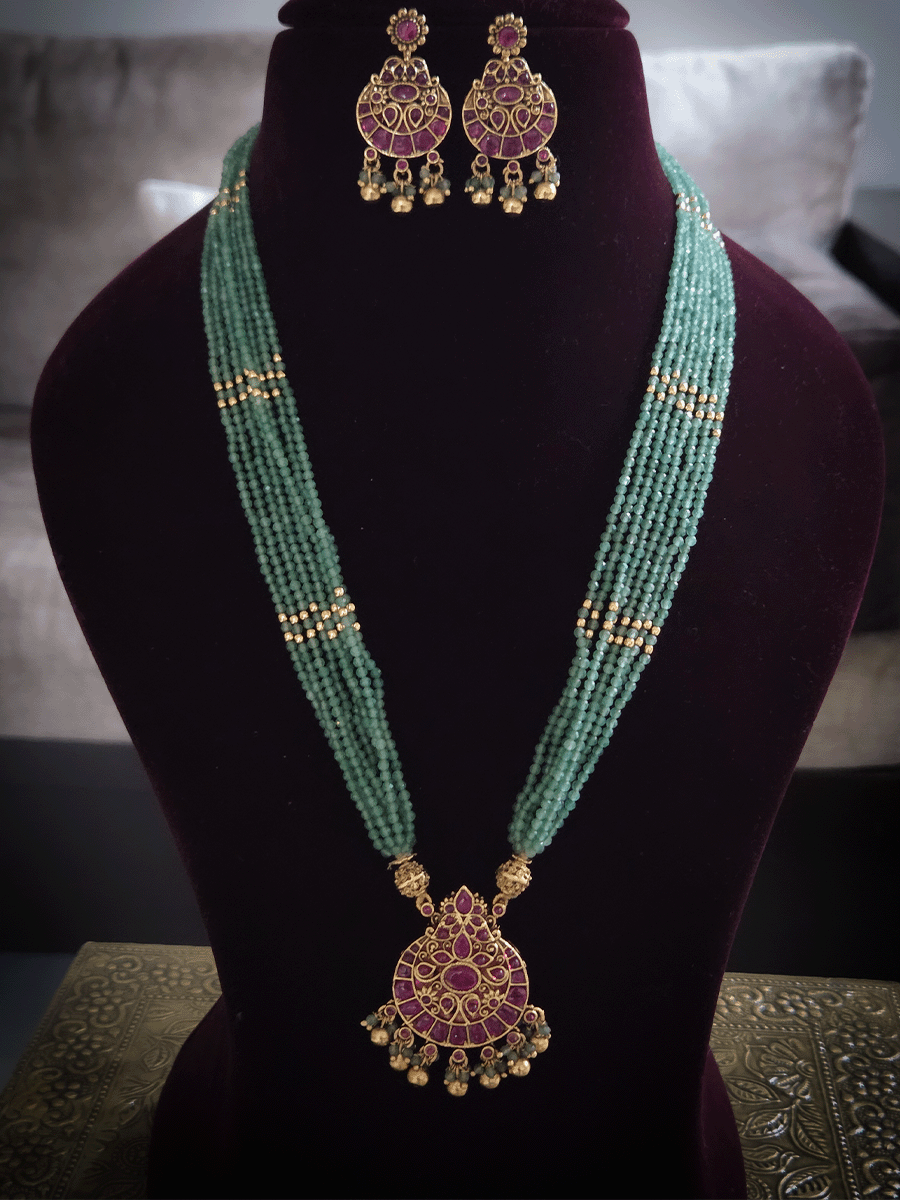 10 inch long aqua bead strings reversible pendant set (Laxmiji on one side and ruby stones design on other)