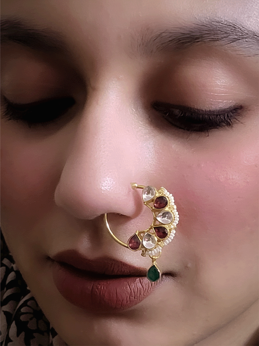 White and rhodolite paachi kundan nose ring with green stone drop(2.5cm diameter)