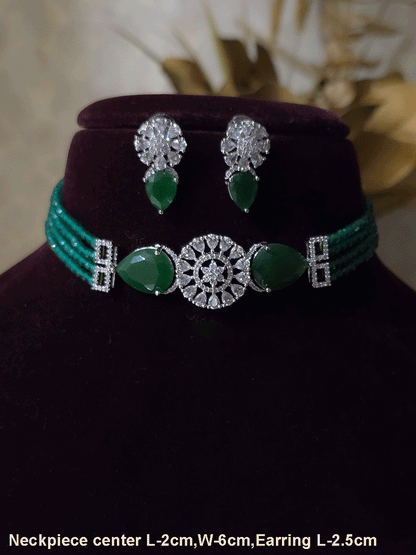 Circular center AD flower with side tear shaped stone and four onyx bead strings set