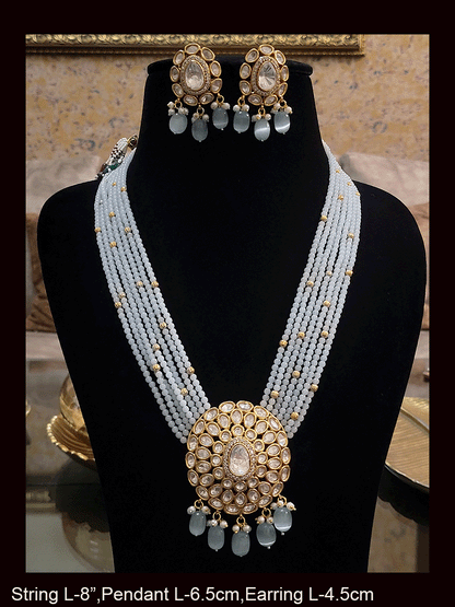 Multiple string oval kundan pendant set with bead drops