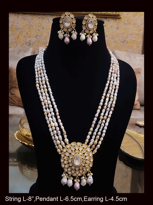 Multiple string oval kundan pendant set with bead drops