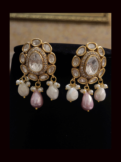 Multiple string oval kundan pendant set with bead drops