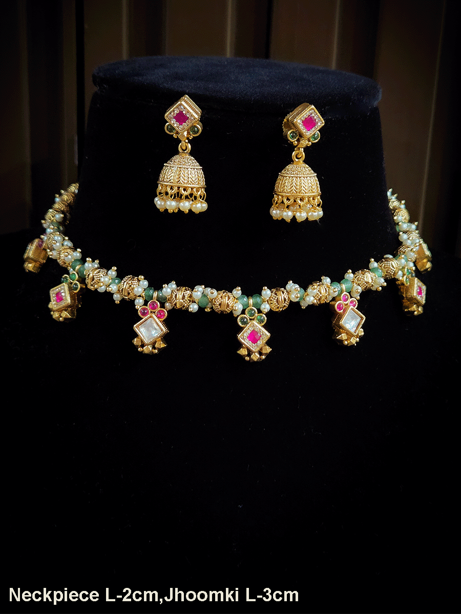 Aqua and matar bead string set with kundan and ruby stone tukdies