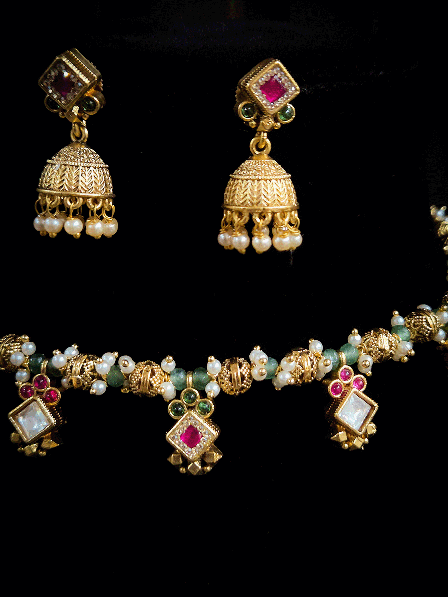 Aqua and matar bead string set with kundan and ruby stone tukdies