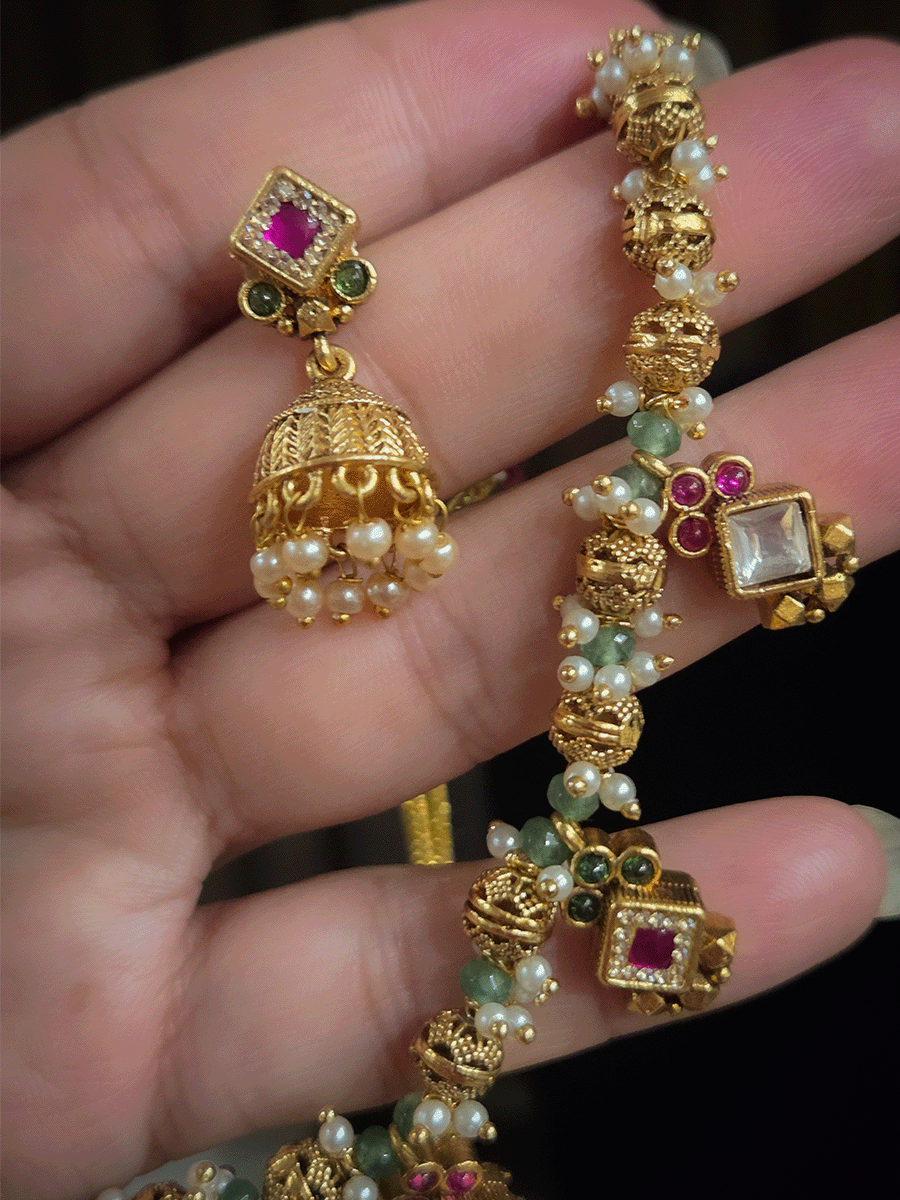 Aqua and matar bead string set with kundan and ruby stone tukdies