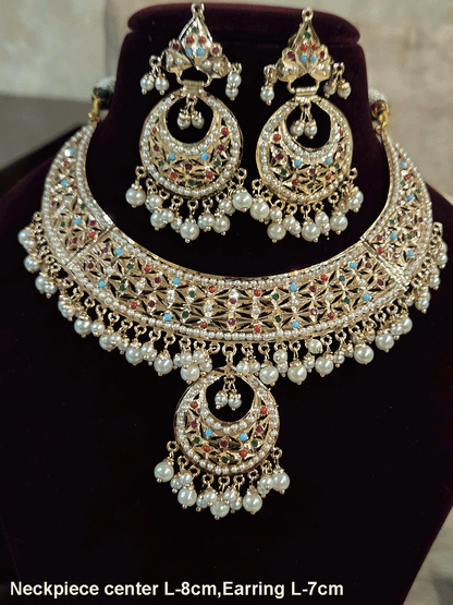 Jadau set with chandbali design center and pearl drops