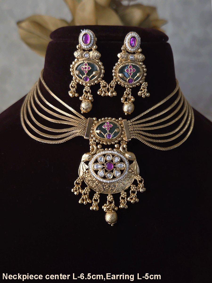 Seven layer gold chain set with kundan flower center pendant and aqua stone with inlay work on top
