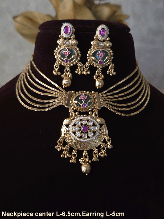 Seven layer gold chain set with kundan flower center pendant and aqua stone with inlay work on top