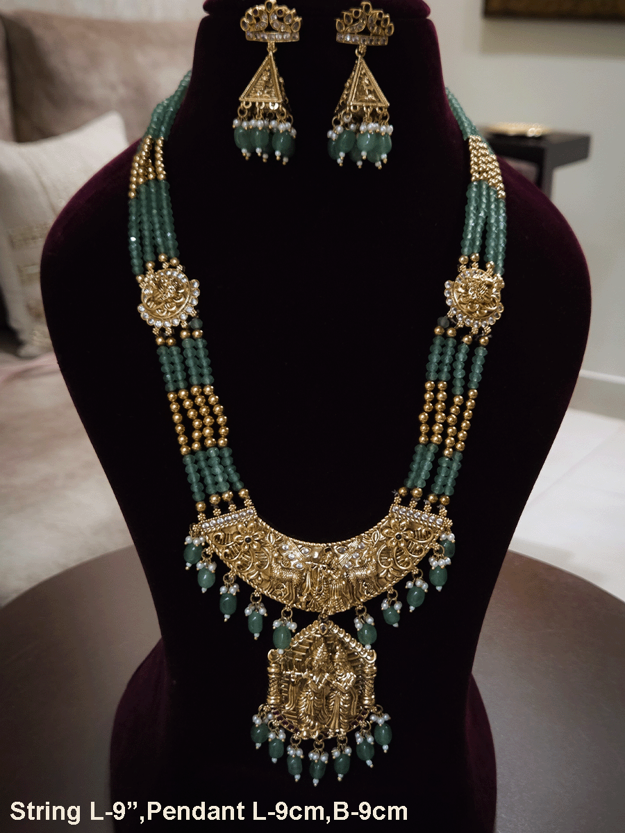 Radha Krishna 9cm broad and long pendant set with side deers and flower design in aqua bead strings