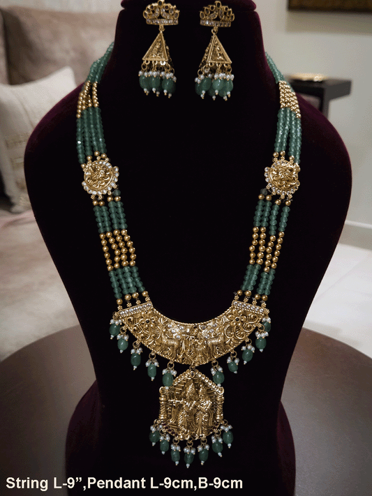 Radha Krishna 9cm broad and long pendant set with side deers and flower design in aqua bead strings