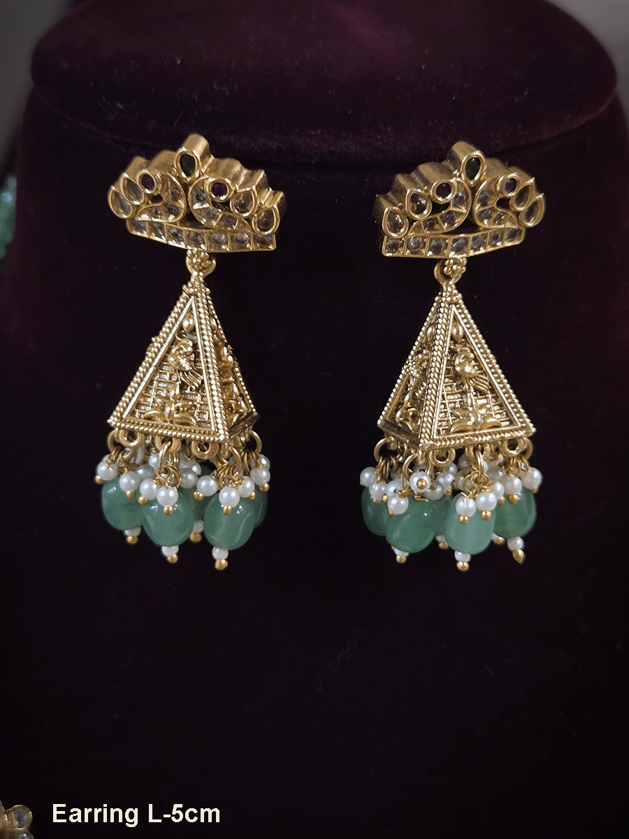 Radha Krishna 9cm broad and long pendant set with side deers and flower design in aqua bead strings