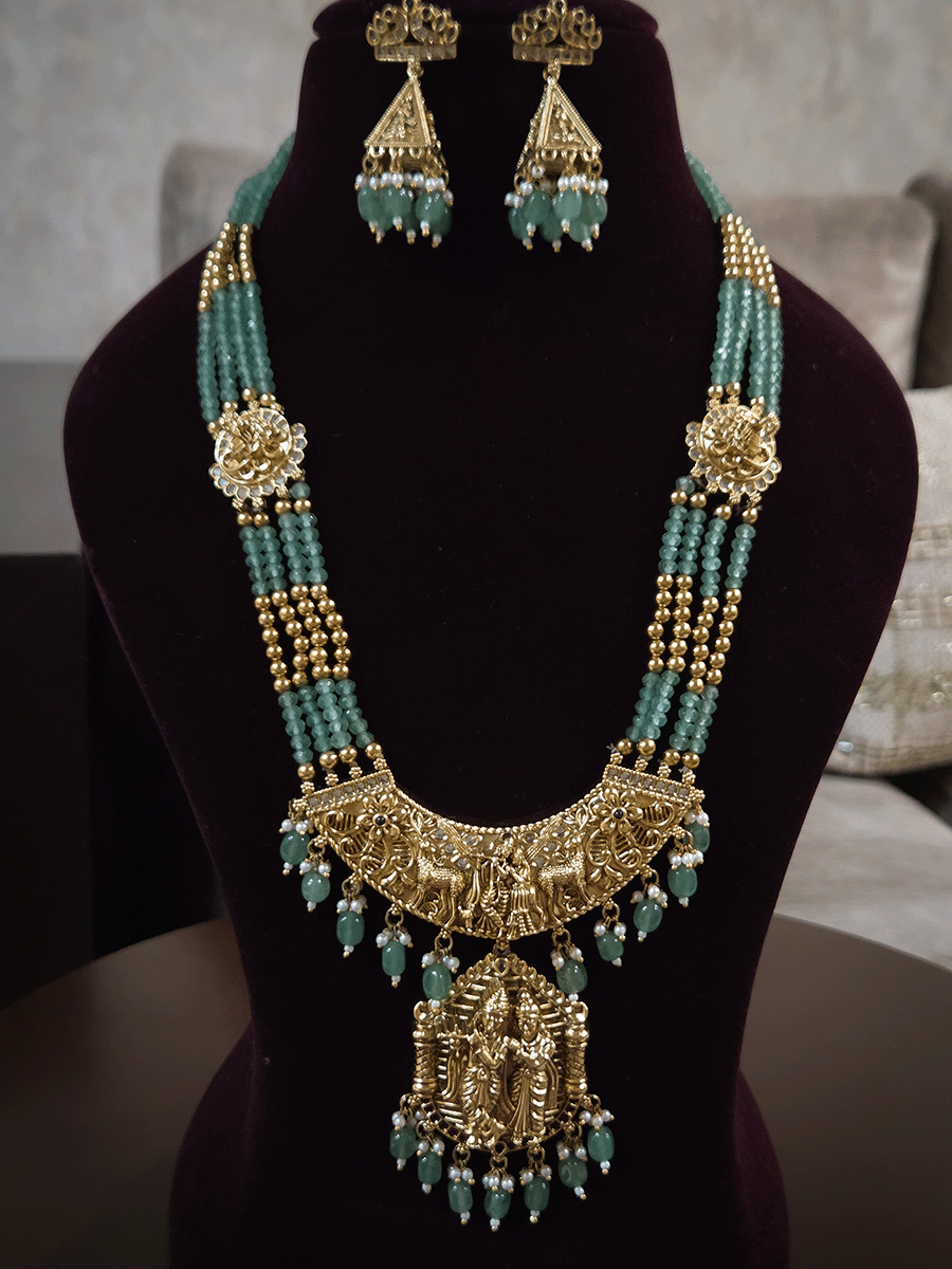 Radha Krishna 9cm broad and long pendant set with side deers and flower design in aqua bead strings