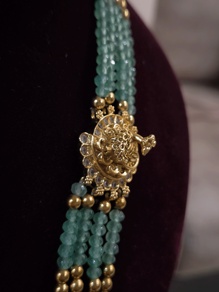 Radha Krishna 9cm broad and long pendant set with side deers and flower design in aqua bead strings