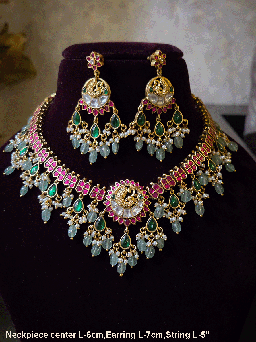 Peacock design center with green tear drop hangings and aqua bead drops paachi kundan set
