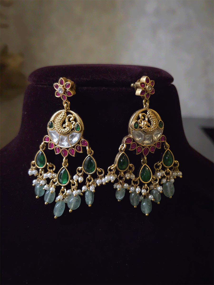 Peacock design center with green tear drop hangings and aqua bead drops paachi kundan set