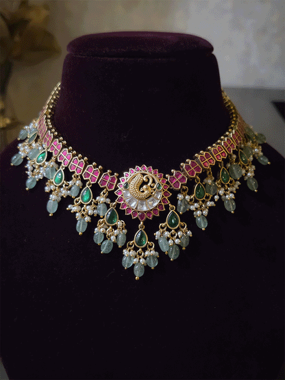 Peacock design center with green tear drop hangings and aqua bead drops paachi kundan set
